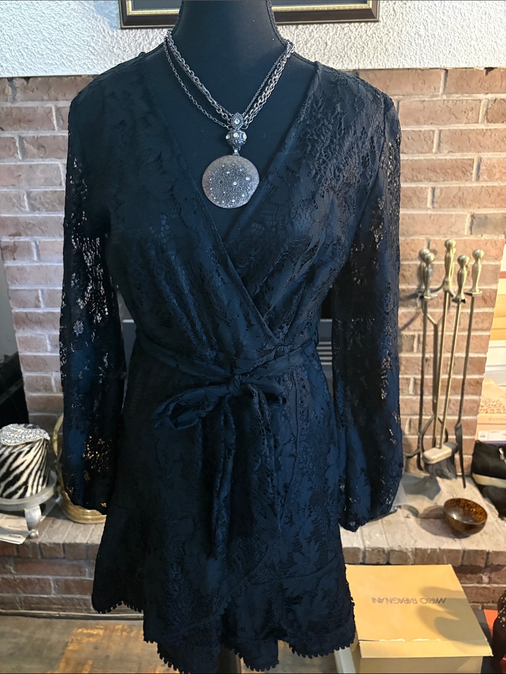 Source Unknown Black Lace Wrap Dress with Tie Waist